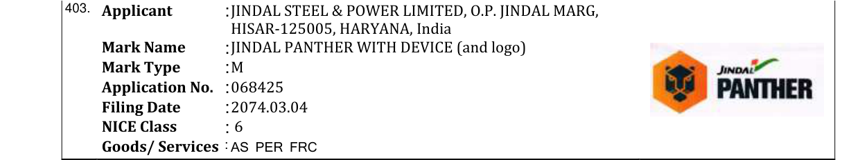 Original bulletin entry for JINDAL PANTHER WITH DEVICE (and logo)