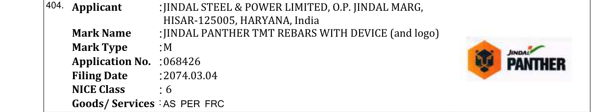 Original bulletin entry for JINDAL PANTHER TMT REBARS WITH DEVICE (and logo)