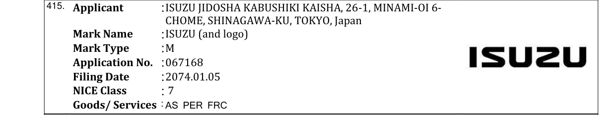 Original bulletin entry for ISUZU (and logo)