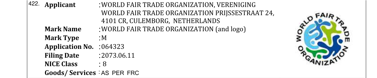 Original bulletin entry for WORLD FAIR TRADE ORGANIZATION (and logo)