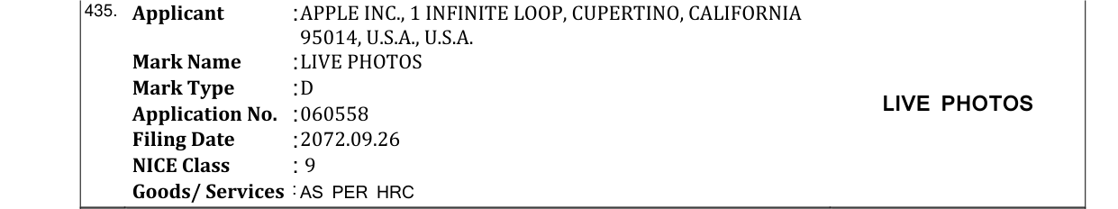 Original bulletin entry for LIVE PHOTOS