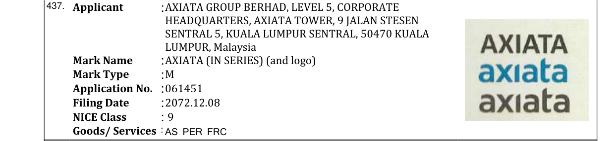Original bulletin entry for AXIATA (IN SERIES) (and logo)
