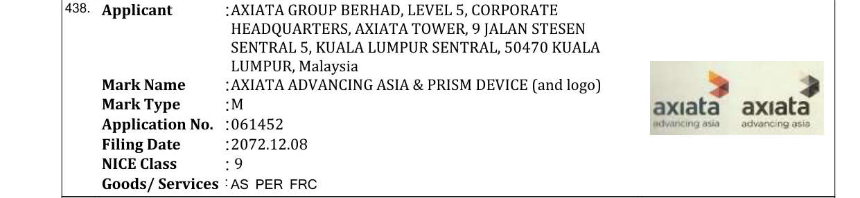 Original bulletin entry for AXIATA ADVANCING ASIA & PRISM DEVICE (and logo)