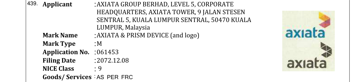 Original bulletin entry for AXIATA & PRISM DEVICE (and logo)