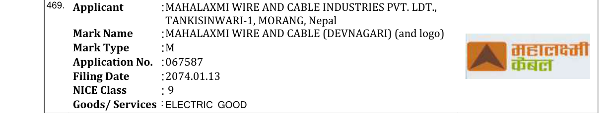 Original bulletin entry for MAHALAXMI WIRE AND CABLE (DEVNAGARI) (and logo)