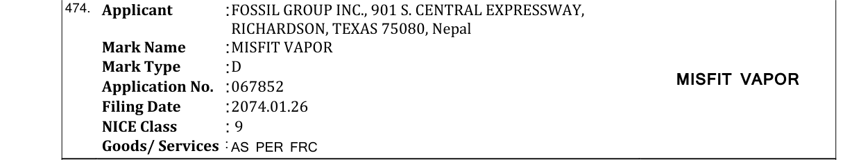 Original bulletin entry for MISFIT VAPOR
