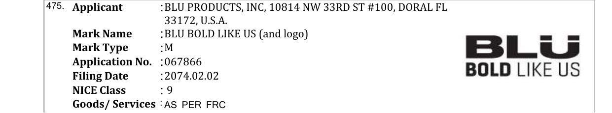 Original bulletin entry for BLU BOLD LIKE US (and logo)