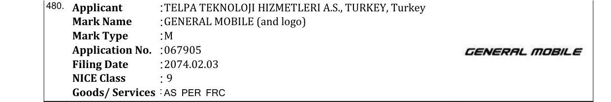 Original bulletin entry for GENERAL MOBILE (and logo)