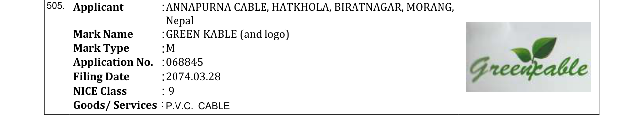 Original bulletin entry for GREEN KABLE (and logo)