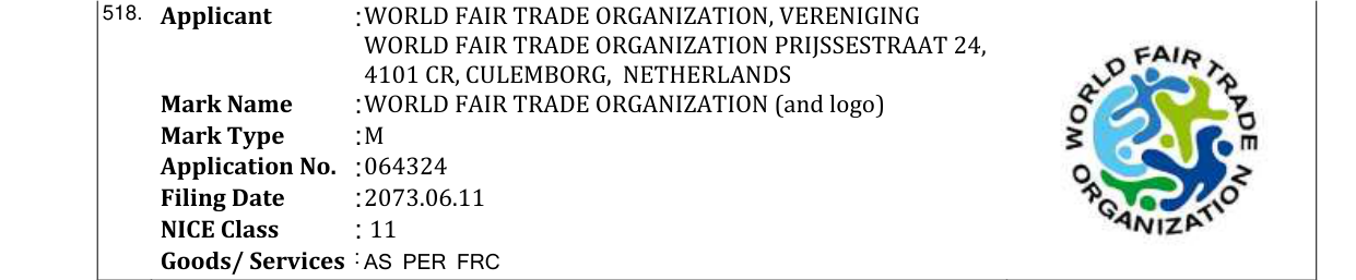 Original bulletin entry for WORLD FAIR TRADE ORGANIZATION (and logo)