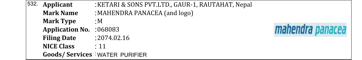 Original bulletin entry for MAHENDRA PANACEA (and logo)