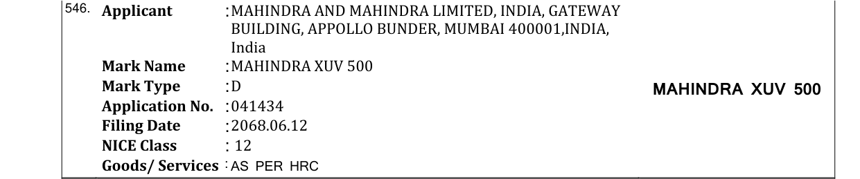 Original bulletin entry for MAHINDRA XUV 500