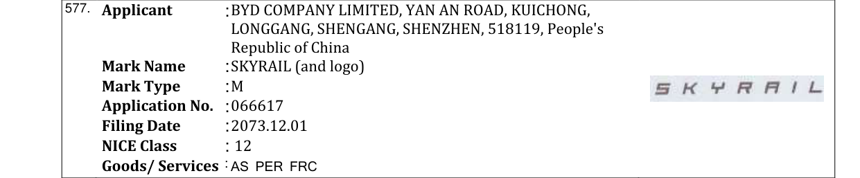 Original bulletin entry for SKYRAIL (and logo)