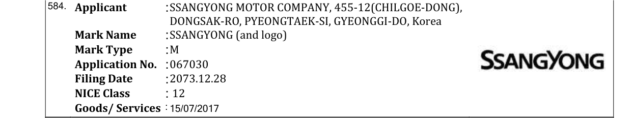 Original bulletin entry for SSANGYONG (and logo)