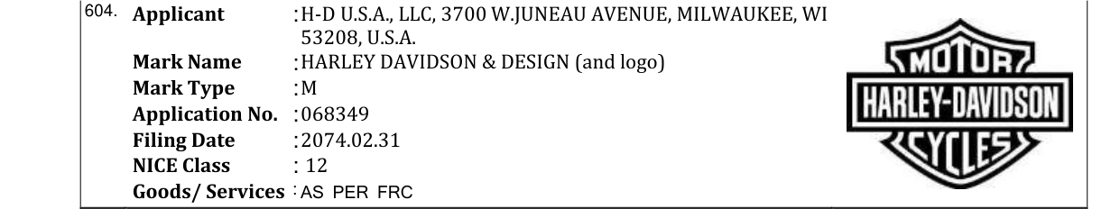Original bulletin entry for HARLEY DAVIDSON & DESIGN (and logo)