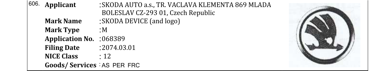Original bulletin entry for SKODA DEVICE (and logo)