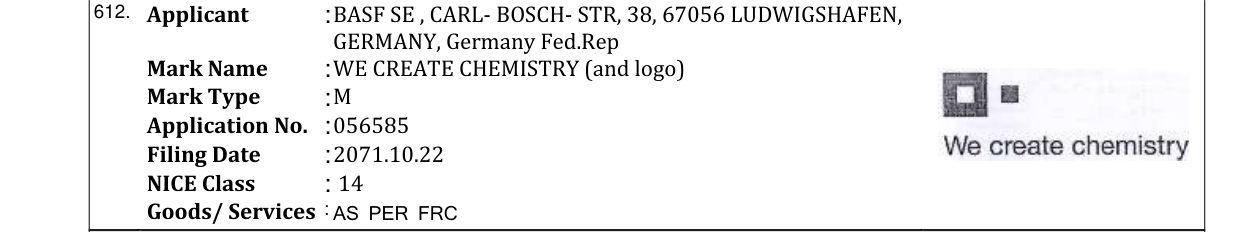 Original bulletin entry for WE CREATE CHEMISTRY (and logo)
