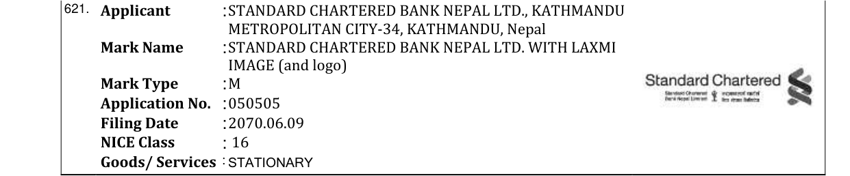 Original bulletin entry for STANDARD CHARTERED BANK NEPAL LTD. WITH LAXMI IMAGE (and logo)