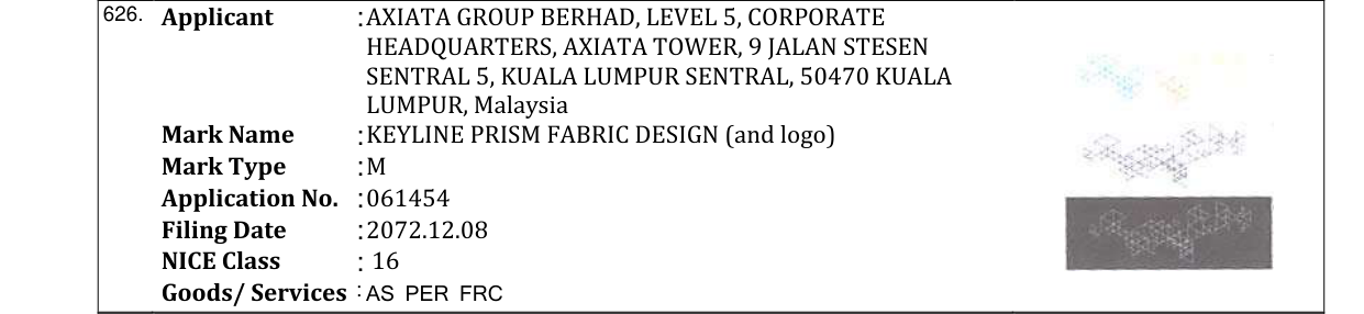 Original bulletin entry for KEYLINE PRISM FABRIC DESIGN (and logo)