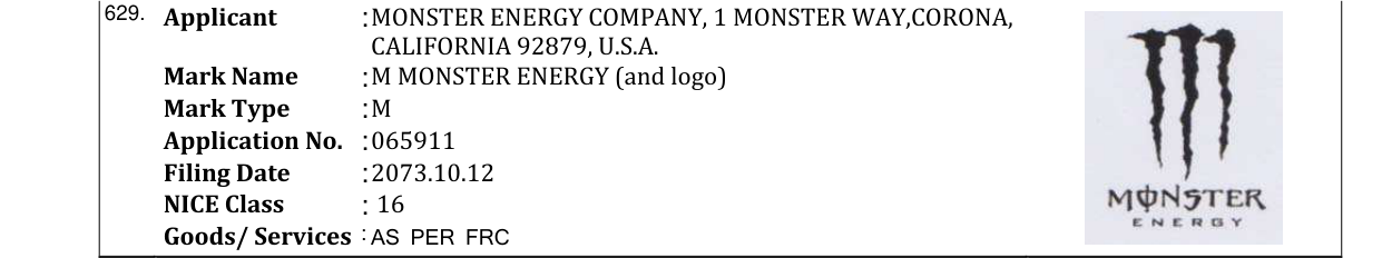 Original bulletin entry for M MONSTER ENERGY (and logo)