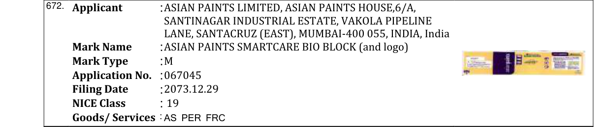 Original bulletin entry for ASIAN PAINTS SMARTCARE BIO BLOCK (and logo)