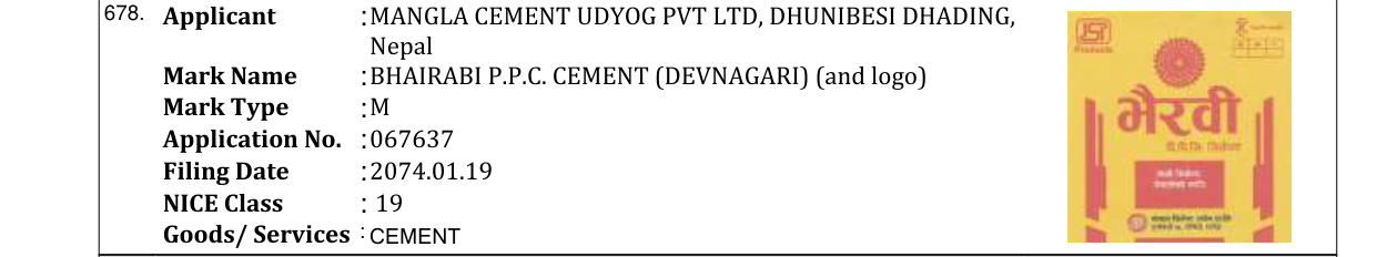 Original bulletin entry for BHAIRABI P.P.C. CEMENT (DEVNAGARI) (and logo)