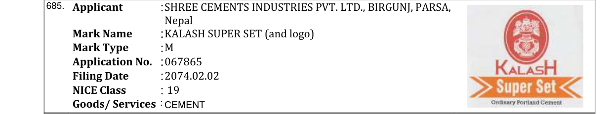 Original bulletin entry for KALASH SUPER SET (and logo)