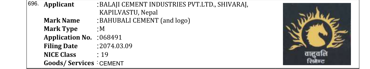 Original bulletin entry for BAHUBALI CEMENT (and logo)