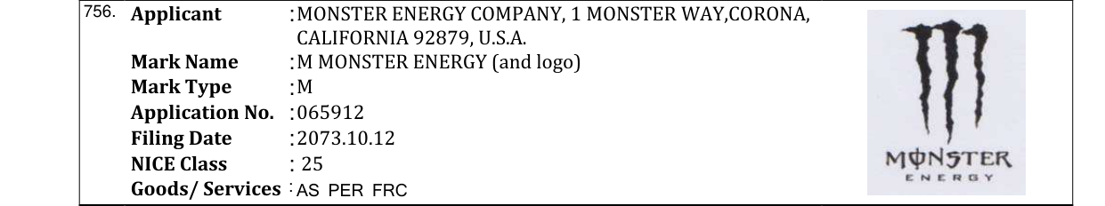 Original bulletin entry for M MONSTER ENERGY (and logo)