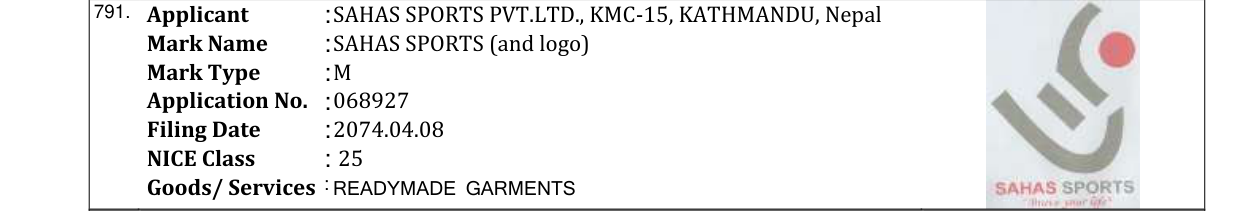 Original bulletin entry for SAHAS SPORTS (and logo)