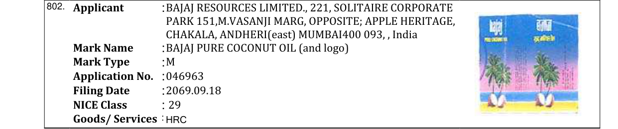 Original bulletin entry for BAJAJ PURE COCONUT OIL (and logo)