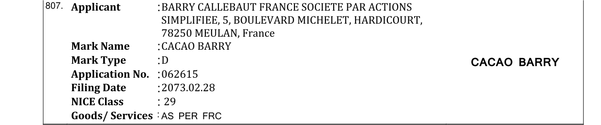Original bulletin entry for CACAO BARRY