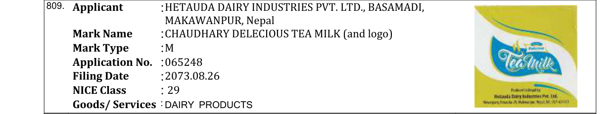 Original bulletin entry for CHAUDHARY DELECIOUS TEA MILK (and logo)
