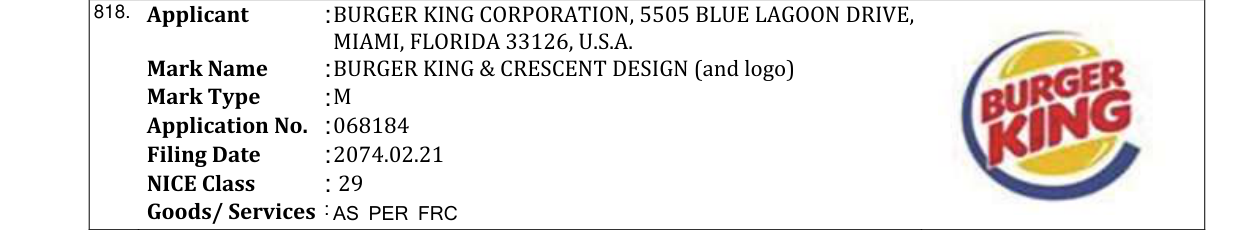 Original bulletin entry for BURGER KING & CRESCENT DESIGN (and logo)