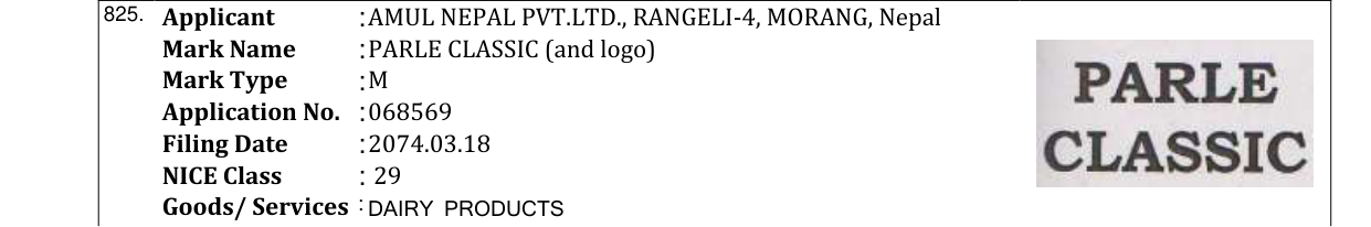 Original bulletin entry for PARLE CLASSIC (and logo)
