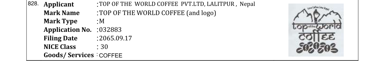 Original bulletin entry for TOP OF THE WORLD COFFEE (and logo)