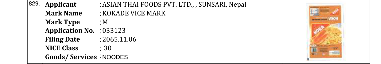 Original bulletin entry for KOKADE VICE MARK