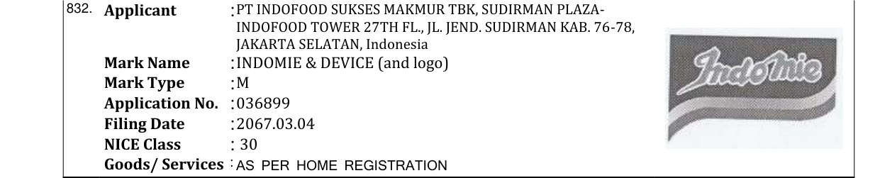 Original bulletin entry for INDOMIE & DEVICE (and logo)