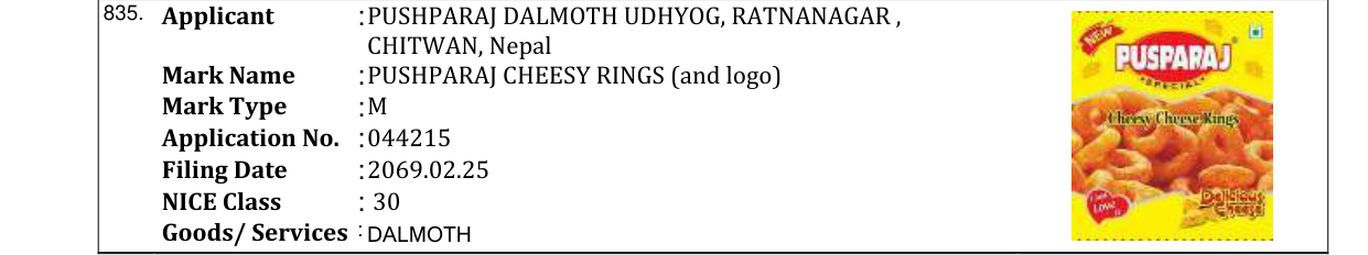 Original bulletin entry for PUSHPARAJ CHEESY RINGS (and logo)