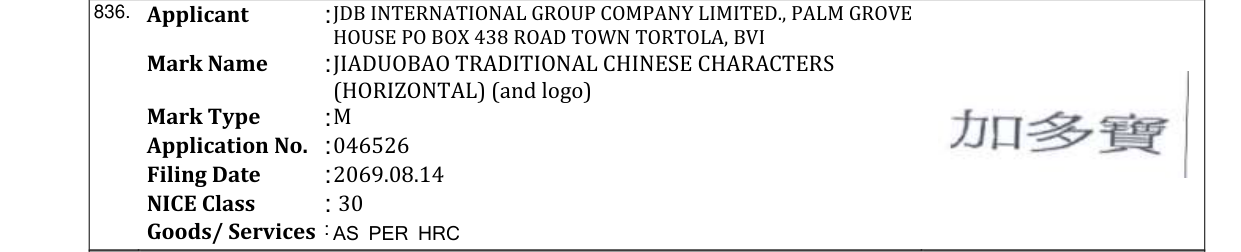 Original bulletin entry for JIADUOBAO TRADITIONAL CHINESE CHARACTERS (HORIZONTAL) (and logo)