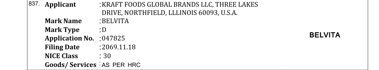 Original bulletin entry for BELVITA