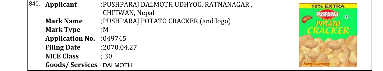 Original bulletin entry for PUSHPARAJ POTATO CRACKER (and logo)