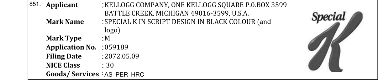 Original bulletin entry for SPECIAL K IN SCRIPT DESIGN IN BLACK COLOUR (and logo)