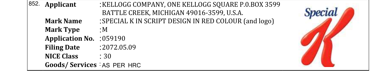 Original bulletin entry for SPECIAL K IN SCRIPT DESIGN IN RED COLOUR (and logo)