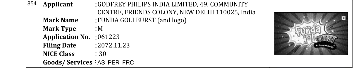 Original bulletin entry for FUNDA GOLI BURST (and logo)