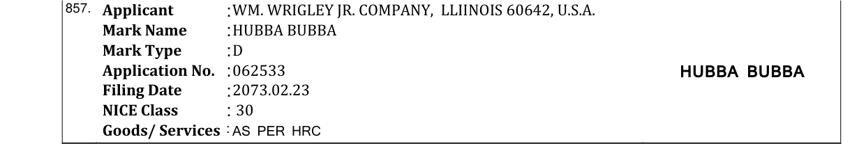 Original bulletin entry for HUBBA BUBBA