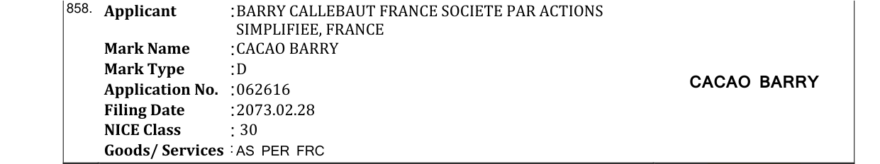 Original bulletin entry for CACAO BARRY