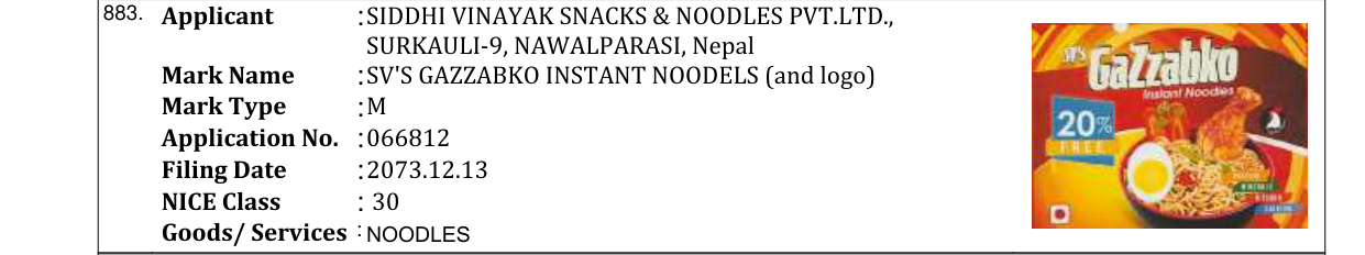 Original bulletin entry for SV'S HAMRO KHUSHI INSTANT NOODELS (and logo)