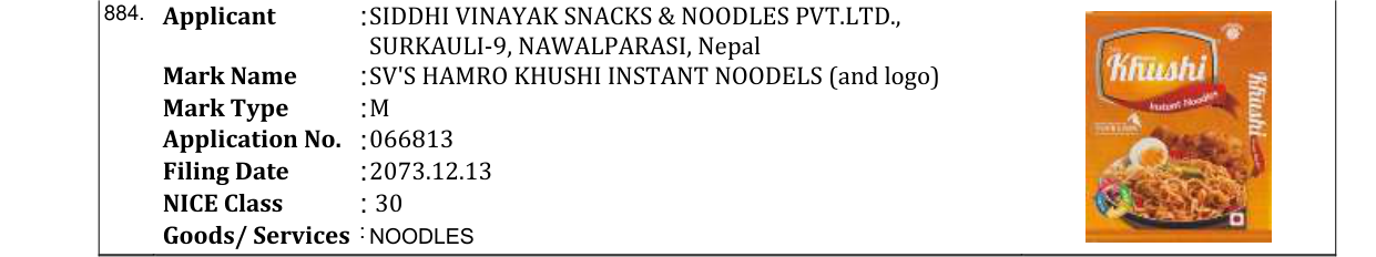 Original bulletin entry for SV'S HAMRO KHUSHI INSTANT NOODELS (and logo)