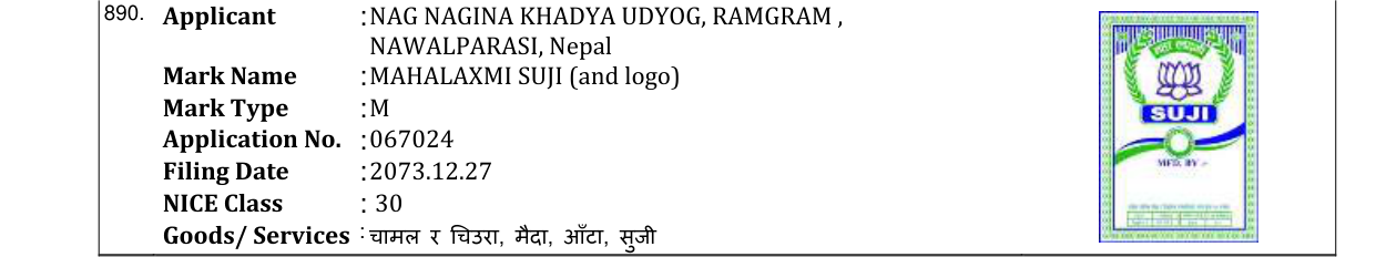 Original bulletin entry for MAHALAXMI RICE (and logo)